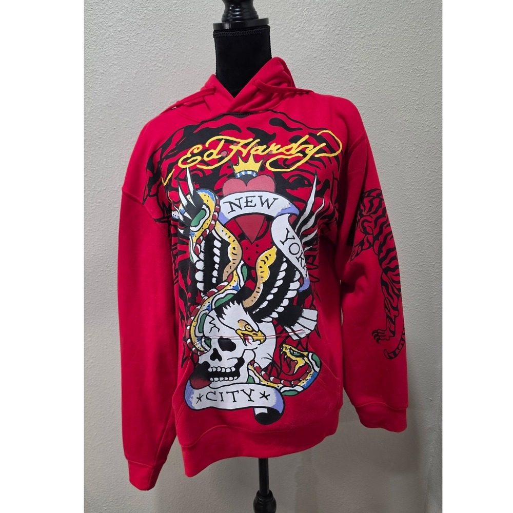 Ed Hardy New York City Graphic Hoodie Red Skull Eagle Tiger Mens L